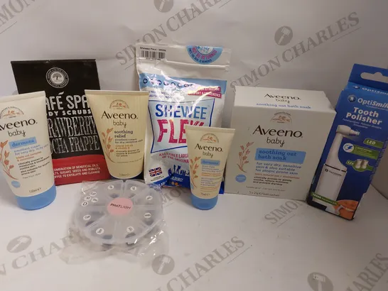 BOX OF APPROX 15 COSMETIC ITEMS TO INCLUDE AVEENO BABY EMOLLIENT CREAM, OPTISMILE TOOTH POLISHER AND PHATLASH EYELASHES