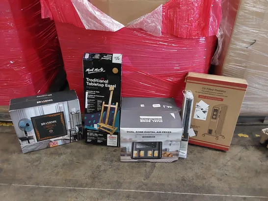 PALLET OF ASSORTED ITEMS INCLUDING: OIL FILLED RADIATOR, AIR FRYER, PEDESTAL FAN, TABLETOP EASEL, ROLLER BLINDS ECT