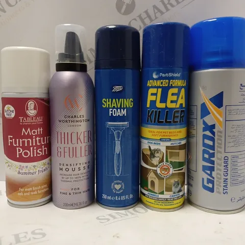 BOX OF APPROX 10 ASSORTED AEROSOLS TO INCLUDE FLEA KILLER, SHAVING FOAM, CHARLES WORTHINGTON MOUSSE, ETC 