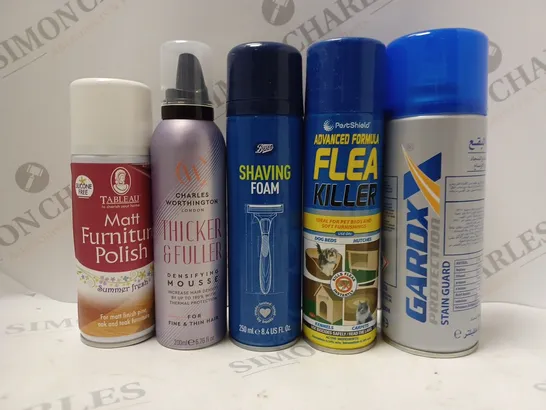 BOX OF APPROX 10 ASSORTED AEROSOLS TO INCLUDE FLEA KILLER, SHAVING FOAM, CHARLES WORTHINGTON MOUSSE, ETC 