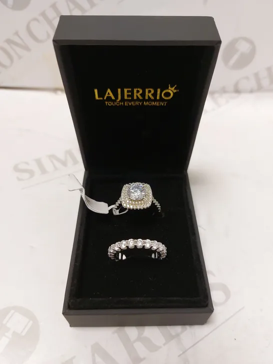 LAJERRIO CUSHION CUT 925 STERLING SILVER HALO ENGAGEMENT RING - SIZE O & ROUND CUT 925 STERLING SILVER WOMEN'S WEDDING BAND - SIZE O