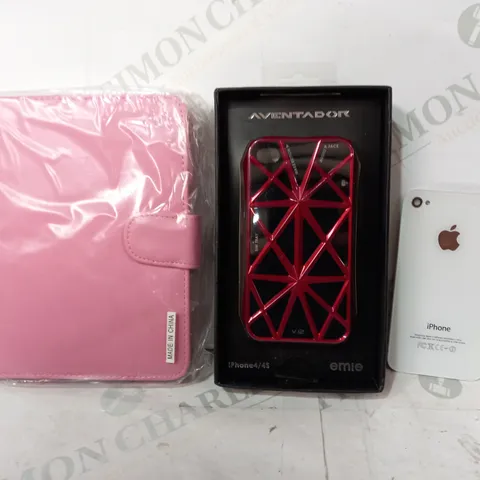 BOX OF APPROXIATELY 30 ASSORTED HOUSEHOLD ITEMS TO INCLUDE IPHONE BACK IN WHITE, EMIE AVENTADOR IPHONE 4/4S CASE, ETC