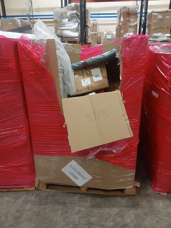 PALLET OF ASSORTED HOUSEHOLD ITEMS AND CONSUMER PRODUCTS TO INCLUDE; MATTRESS, PLAYPEN, BOXED FURNITURE ETC 