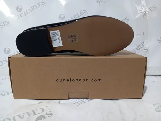 BOXED PAIR OF DUNE LONDON LOAFERS IN GLOSSY BLACK SIZE 6