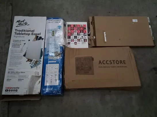 PALLET OF ASSORTED ITEMS INCLUDING ACCSTORE NON-WOVEN FABRIC WARDROBE, TRADITIONAL TABLETOP EASEL, THREE LAYER OF CLOTHES HANGERS, BLOODSTOCK NOTEBOOK, SHOWER CURTAIN ROD,