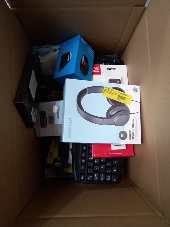 BOX OF APPROXIMATELY 15 ASSORTED ITEMS TO INCLUDE KEYBOARD, WIRED HEADPHONES, ONE FOR ALL UNIVERSAL REMOTE ETC