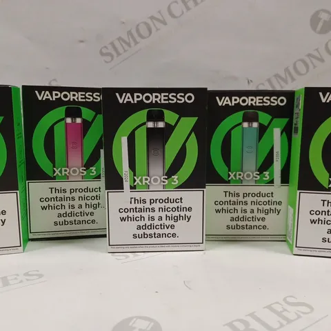 BOX OF 5 VAPORESSO XROS 3 VAPES IN ASSORTED COLOURS TO INCLUDE MINT, PINK, GREY, BLUE 