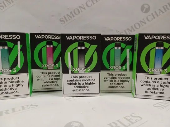 BOX OF 5 VAPORESSO XROS 3 VAPES IN ASSORTED COLOURS TO INCLUDE MINT, PINK, GREY, BLUE 