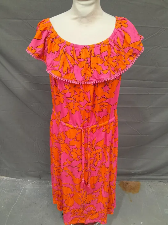 ISAAC MIZRAHI LIVE TIE WAIST ELASTICATED FRILL DRESS IN PINK AND ORANGE FLORAL SIZE L