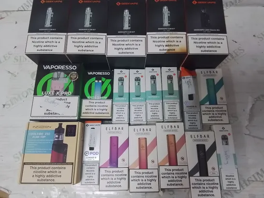 LOT OF ASSORTED E-CIGS AND PARTS TO INCLUDE VAPORETTO, GEEKVAPE AND ELFBAR