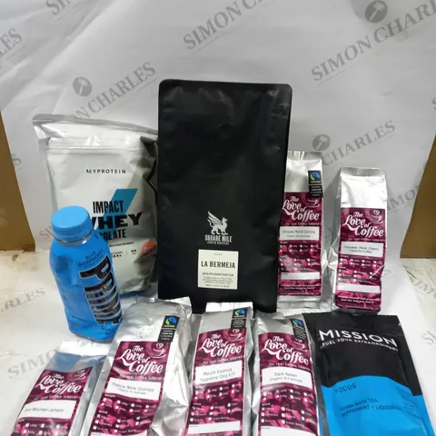 BOX OF APPROXIMATELY 10 ASSORTED FOOD AND DRINK PRODUCTS TO CONTAIN PRIME BLUE RASPBERRY DRINK, MYPROTEIN IMPACT WHEY ISOLATE, MISSION FOCUS TEA ETC 