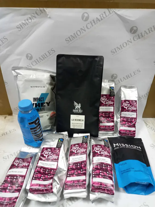 BOX OF APPROXIMATELY 10 ASSORTED FOOD AND DRINK PRODUCTS TO CONTAIN PRIME BLUE RASPBERRY DRINK, MYPROTEIN IMPACT WHEY ISOLATE, MISSION FOCUS TEA ETC 