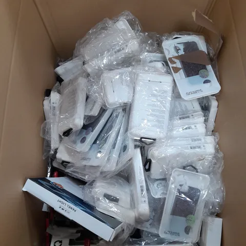 BOX OF APPROX. 20 ASSORTED HOUSEHOLD AND PHONE CASES TOO INCLUDE IPHONE CASES , LED PANEL LIGHTS , ETC  