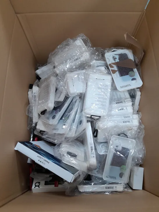 BOX OF APPROX. 20 ASSORTED HOUSEHOLD AND PHONE CASES TOO INCLUDE IPHONE CASES , LED PANEL LIGHTS , ETC  