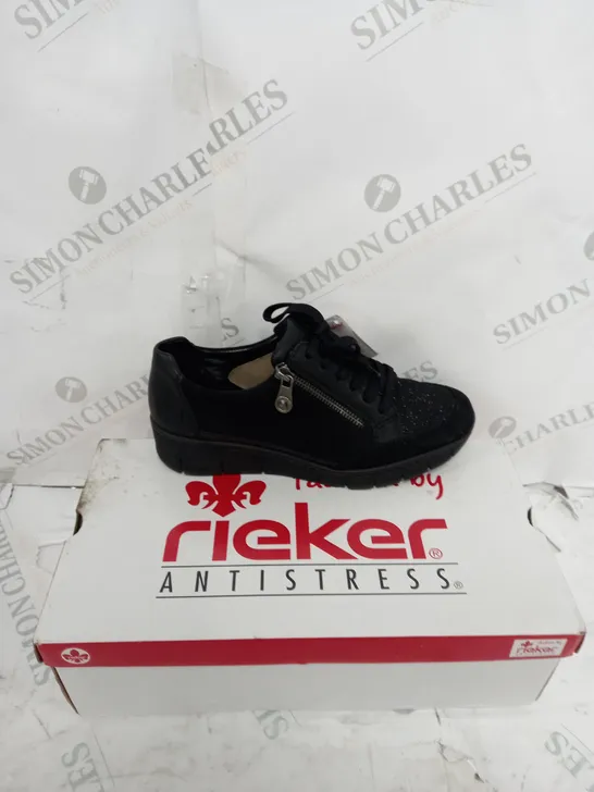 BOXED PAIR OF RIEKER WEDGE TRAINERS IN BLACK UK SIZE 4