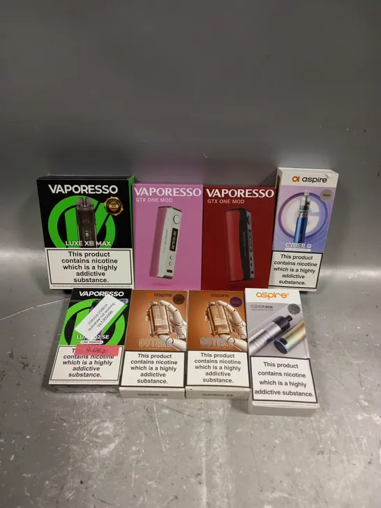 APPROXIMATELY 20 ASSORTED E-CIGARETTE PRODUCTS/ACCESSORIES TO INCLUDE GEEK VAPE, VAPORESSO, ASPIRE ETC 