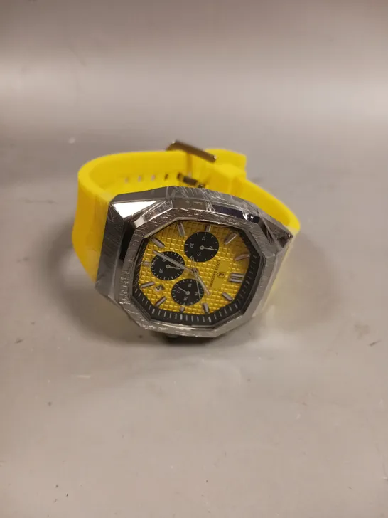 MENS LOUIS LACOMBE CHRONGRAPH WATCH – 3 SUB DIALS –  STEEL CASE – YELLOW RUBBER STRAP