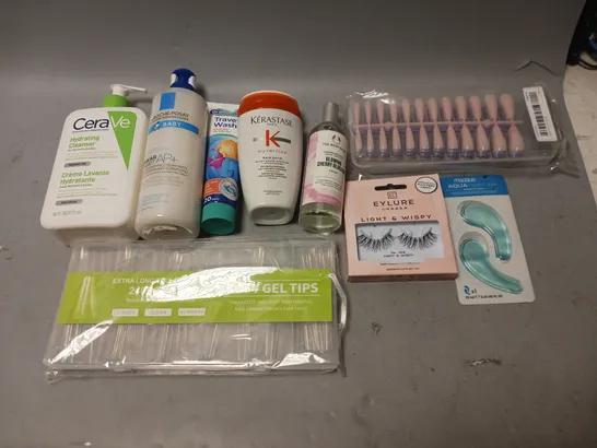 BOX OF APPROXIMATELY 20 COSMETIC ITEMS TO INCLUDE - SOFT GEL TIPS, EYLURE LONDON EYELASHES, AND CERAVE HYDRATING CLEANSER ETC. 