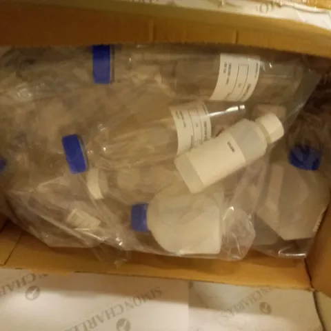 BOXED ASSORTMENT OF APPROX 10 PACKS OF 5 BOTTLES FOR LABORATORY USE