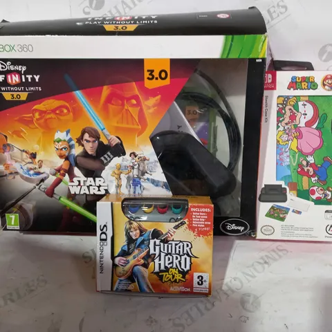 BOX OF APPROXIMATELY 15 ASSORTED GAMING ITEMS TO INCLUDE NINTENDO SWITCH SUPER MARIO STEALTH CASE KIT, NINTENDO DS GUITAR HERO ON TOUR, XBOX 360 DISNEY INFINITY STAR WARS, ETC