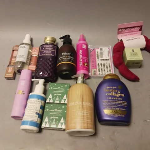 BOX OF APPROXIMATELY 20 COSMETIC ITEMS TO INCLUDE - BIOTIN AND COLLAGEN SHAMPOO, HEAT DEFENCE SPRAY, AND ELF CAMO LIQUID BLUSH ETC.