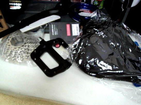 TRAY OF CYCLE ITEMS, INCLUDING, RETRO CHOPPER STYLE SEAT, SADDLE COVER, PUMP, CABLE LOCK, TUNGSTEN LUBE, SIDE STAND.