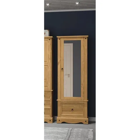 BOXED APACHE 1 MIRRORED DOOR, 1 DRAWER, COMPACT WARDROBE,  PINE, WAXED FINISHED, CORONA DESIGN
