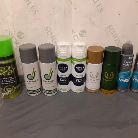 APPROXIMATELY 12 ASSORTED AEROSOLS TO INCLUDE DEODRANT, SPRAY PAINT, AND SHAVING CREAM ETC. 