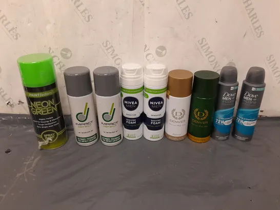 APPROXIMATELY 12 ASSORTED AEROSOLS TO INCLUDE DEODRANT, SPRAY PAINT, AND SHAVING CREAM ETC. 