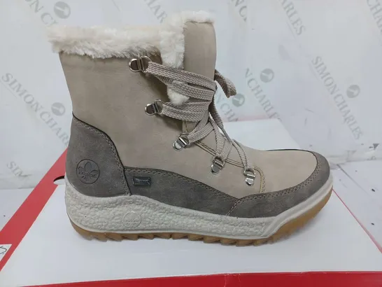 BOXED PAIR OF RIEKER ANTISTRESS WATER RESISTANT WARM HIKING BOOTS IN CREAM - SIZE 39