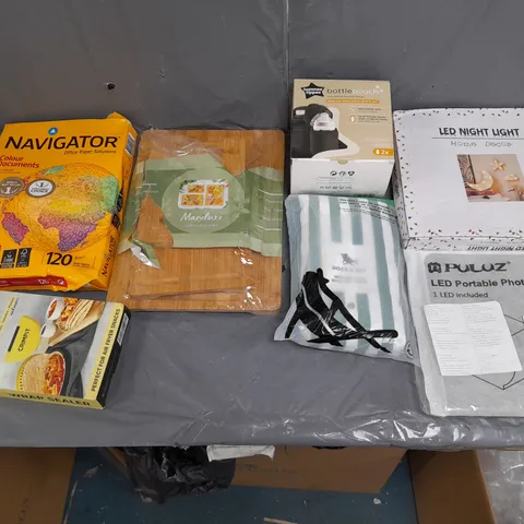 BOX OF APPROXIMATELY 15 ASSORTED HOUSEHOLD ITEMS TO INCLUDE NAVIGATOR PAPER, LED NIGHT LIGHT, AND DOCK&BAY TOWEL ETC. 