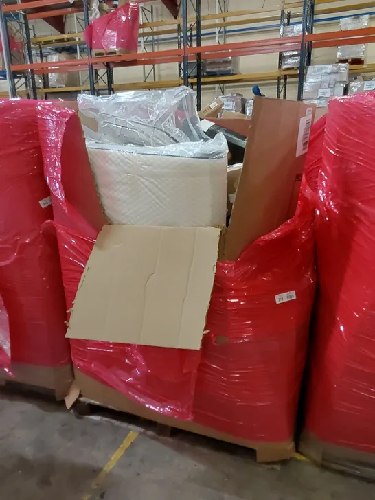 PALLET OF ASSORTED HOUSEHOLD ITEMS AND CONSUMER PRODUCTS. INCLUDES; MATTRESS, DANCE MAT, TOILET SEAT, BOXED FURNITURE ETC 