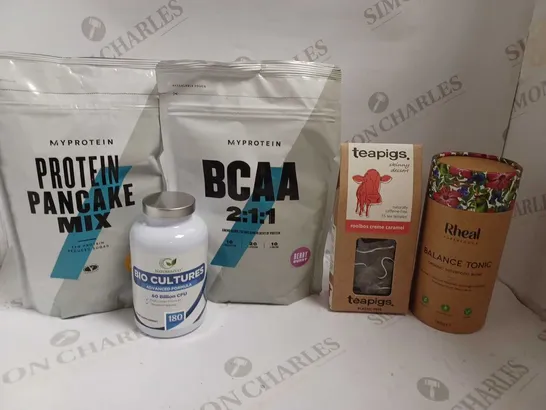 BOX OF APPROX 8 ITEMS TO INCLUDE TEAPIGS TEA TEMPLES, MYPROTEIN PROTEIN PANCAKE MIX AND BCAA 2.1.1