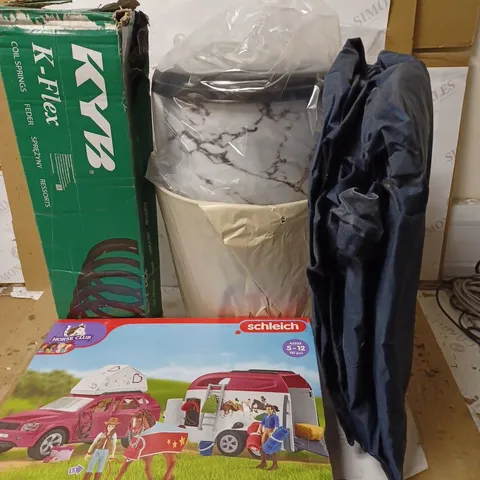 LOT OF 5 ASSORTED HOUSEHOLD ITEMS TO INCLUDE HORSE CLUB SET, K-FLEX COIL SPRINGS, MARBLE DESIGN SMALL BIN, ETC