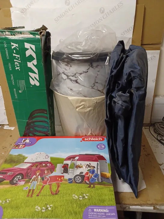 LOT OF 5 ASSORTED HOUSEHOLD ITEMS TO INCLUDE HORSE CLUB SET, K-FLEX COIL SPRINGS, MARBLE DESIGN SMALL BIN, ETC