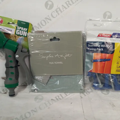 LOT OF APPROXIMATELY 10 ASSORTED HOUSEHOLD ITEMS TO INCLUDE STORM KING FIXING PACK, TEA TOWEL, SPRAY GUN, ETC