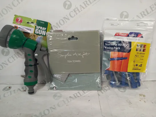 LOT OF APPROXIMATELY 10 ASSORTED HOUSEHOLD ITEMS TO INCLUDE STORM KING FIXING PACK, TEA TOWEL, SPRAY GUN, ETC