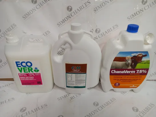 BOX OF APPROX 4 ASSORTED LIQUIDS TO INCLUDE - CAH THRIVE ON LIQUID GOLD - ECOVER FABRIC SOFTENER - CHANAVERM 7.5% ORAL SOLUTION