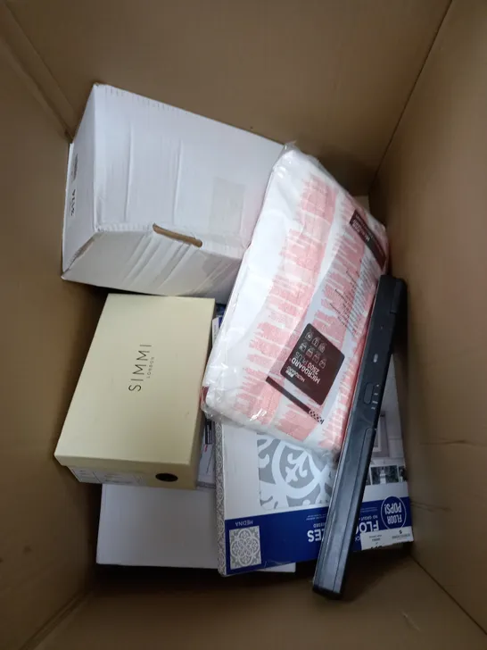 BOX OF APPROXIMATELY 10 ASSORTED ITEMS TO INCLUDE FLOOR TILES, MICROGUARD, SHOES ETC