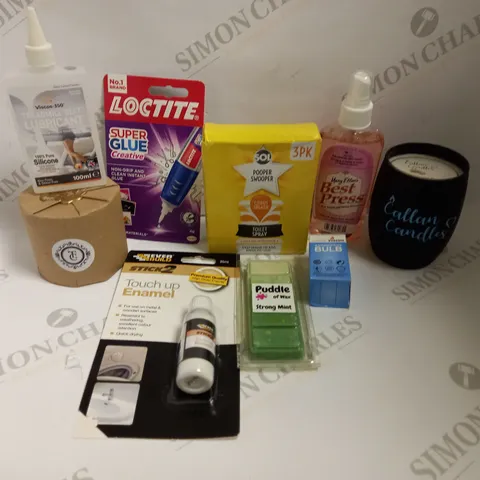 BOX OF APPROX 10 HOUSEHOLD ITEMS TO INCLUDE LOCTITE SUPER GLUE, POOPER SWOOPER TOILET SPRAY AND SCENTED WAX MELTS