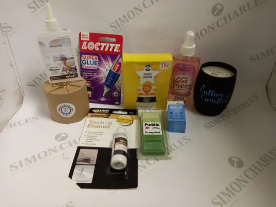 BOX OF APPROX 10 HOUSEHOLD ITEMS TO INCLUDE LOCTITE SUPER GLUE, POOPER SWOOPER TOILET SPRAY AND SCENTED WAX MELTS