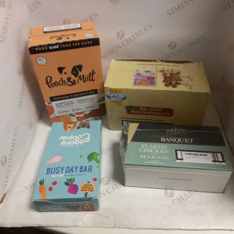 LOT OF 4 PET FOOD ITEMS TO INCLUDE BUSY DAY BARS, WET FOOD, AND CHICKEN DUMBBELLS ETC.