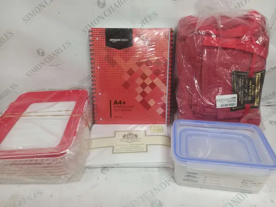 BOX OF APPROX 15 ASSORTED ITEMS TO INCLUDE - NOTEBOOK, PILLOW SHEETS, TUPPERWARE ETC 