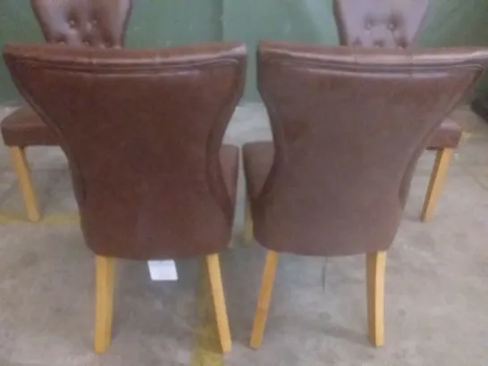 SET OF 4 BEWLEY CLUB BROWN LEATHER BUTTON BACK DINING CHAIRS (OAK LEG)