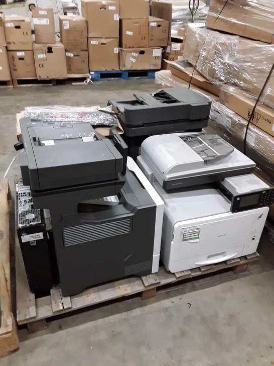 PALLET OF ASSORTED OFFICE EQUIPMENT INCLUDING PRINTERS, DESKTOP & KEYBOARDS 