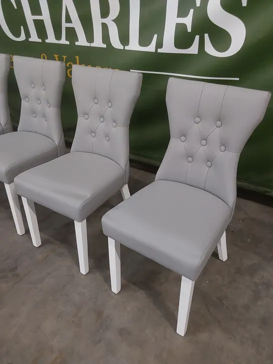 SET OF 6 BEWLEY LIGHT GREY LEATHER BUTTON BACK DINING CHAIRS WITH WHITE LEGS 