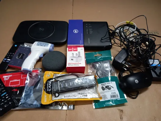 LARGE QUANTITY OF ASSORTED TECH ITEMS TO INCLUDE NETWORKING ITEMS, VARIOUS CONTROLS AND CHARGERS