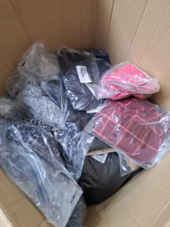 BOX OF ASSORTED CLOTHING ITEMS TOO INCLUDE COATS , TOPS, AND TROUSERS   ETC. 