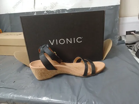 BOXED PAIR OF BLACK WEDGE HEEL SANDALS SIZE UNSPECIFIED