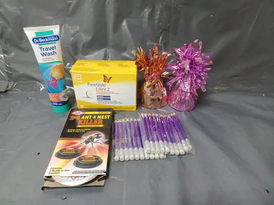 BOX OF APPROXIMATELY 15 ASSORTED HOUSEHOLD ITEMS TO INCLUDE TRAVEL CLOTHES WASH, PENCILS AND FREESTYLE TESTING STRIPS